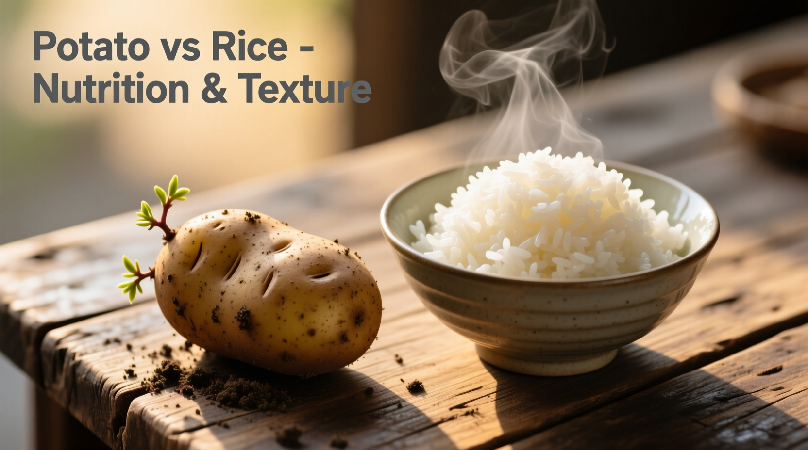 Potato and rice comparison on wooden table