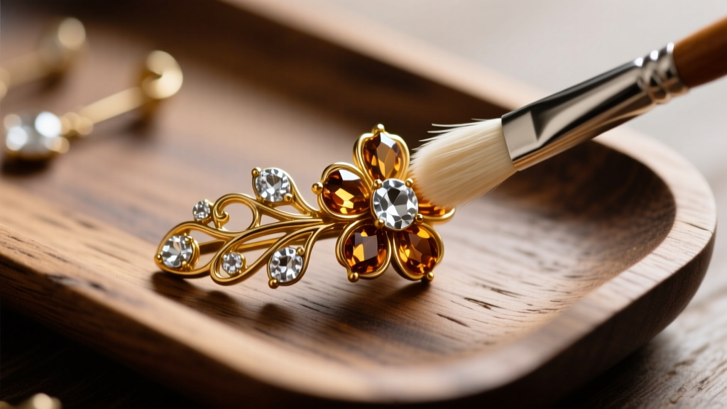 Soft brush cleaning foiled rhinestones on a vintage gold floral clip earring under bright lighting on a wooden jeweler's bench.