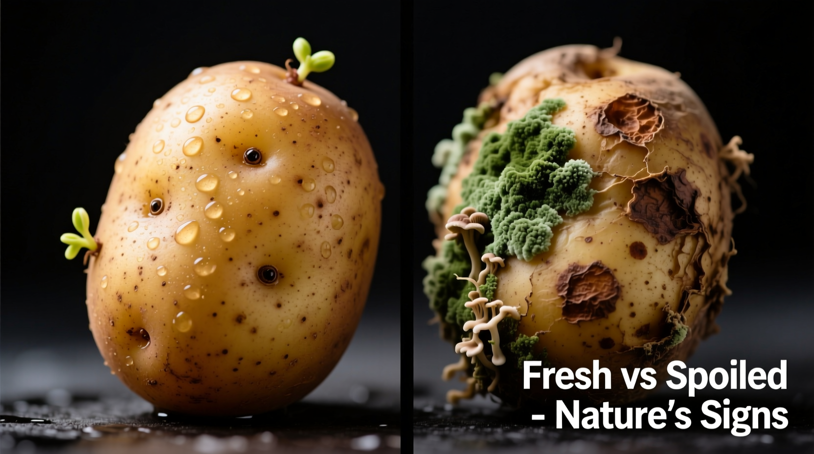 Close-up of fresh versus spoiled potatoes