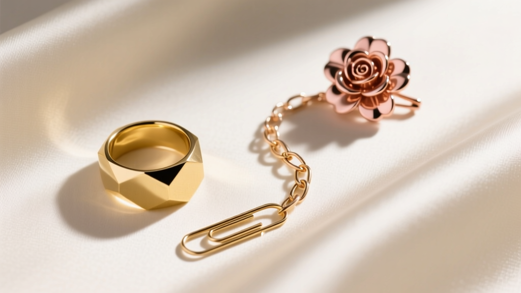 Flat lay of a chunky gold signet ring, delicate paperclip chain, and rose gold brooch resting elegantly on cream silk fabric.