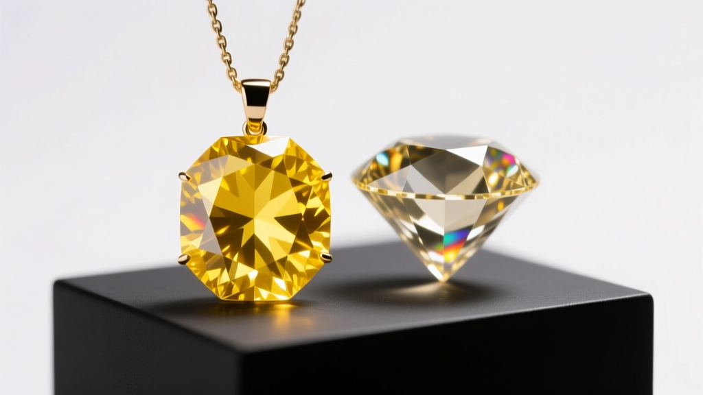 Natural fancy vivid yellow diamond pendant beside a lab-grown equivalent, illuminated under professional gemological lighting.