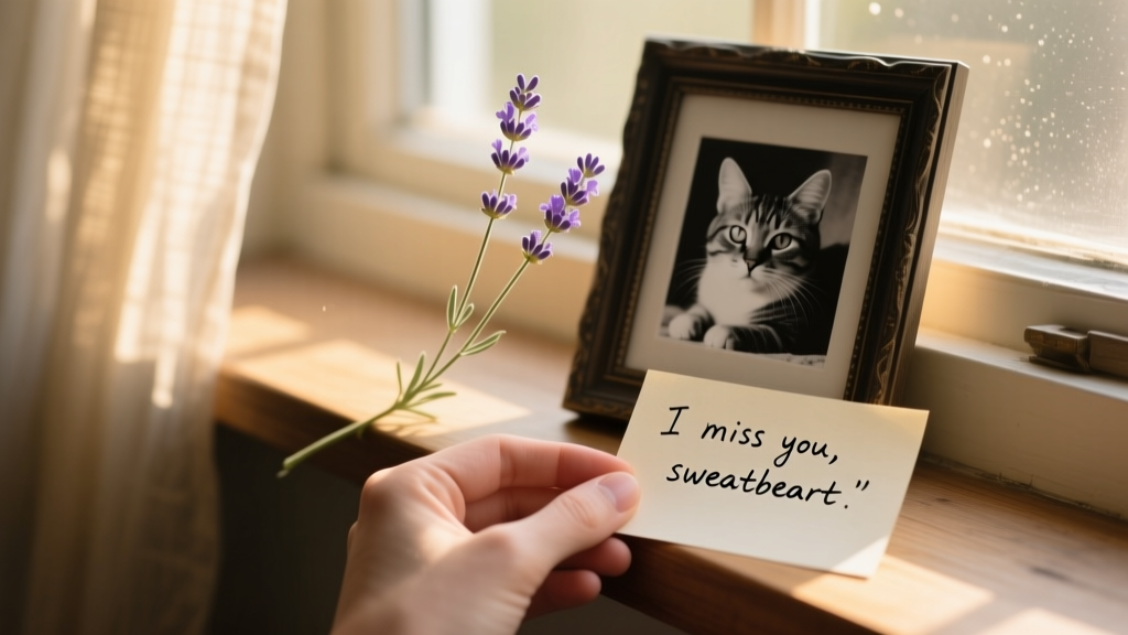 A hand holding a small, handwritten note beside a framed photo of a cat and a sprig of lavender on a sunlit windowsill