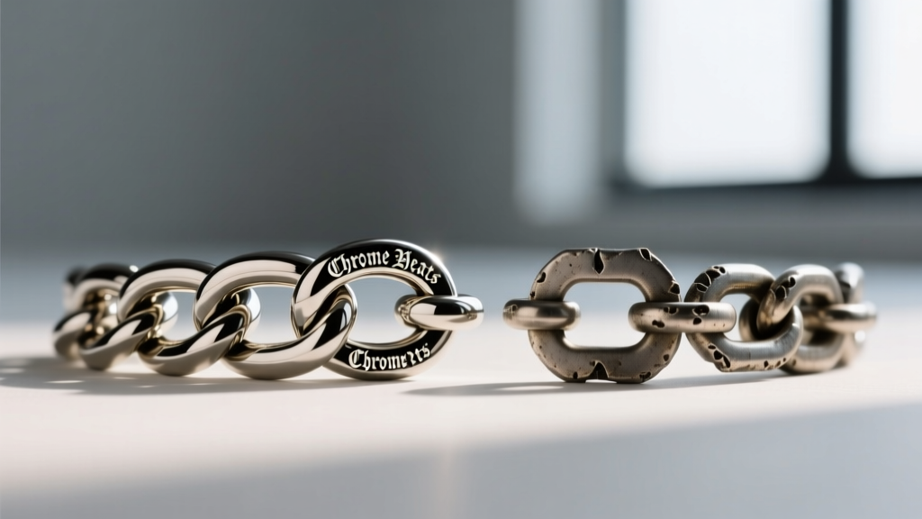 Side-by-side macro of a Chrome Hearts paperchain link with smooth soldering versus a rough, unfinished counterfeit chain link