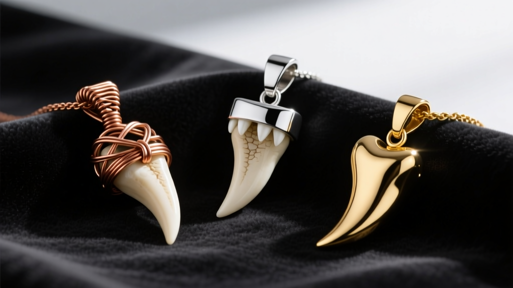 Flat lay of three gator tooth pendants: wire-wrapped natural, silver-capped, and gold-dipped teeth resting on dark velvet fabric.