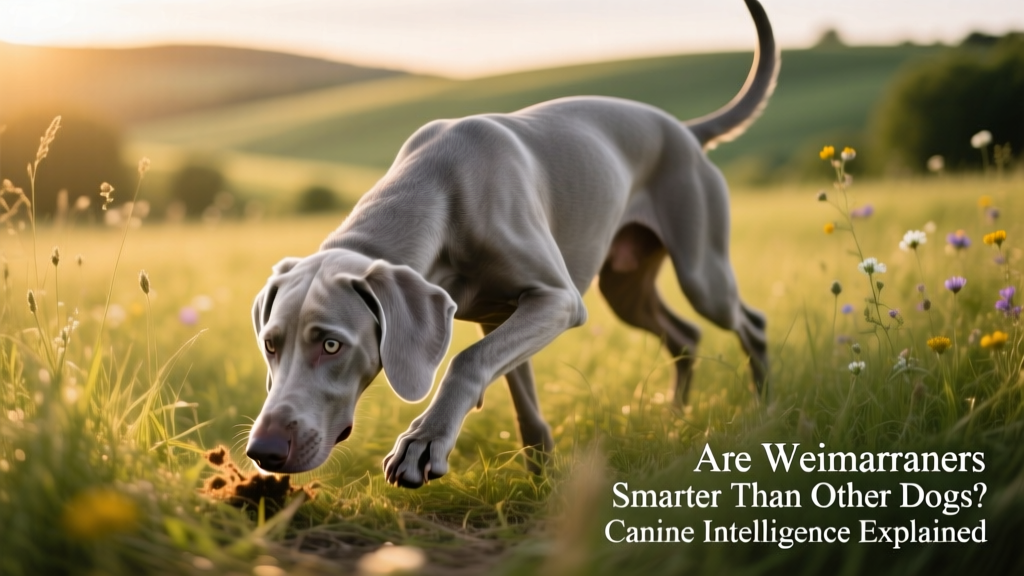 A Weimaraner intently working a scent trail in tall grass, nose low and tail high, showing focused determination