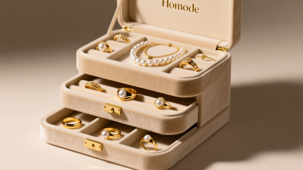 Open multi-tier beige velvet Homde jewelry box displaying organized gold rings and pearl necklaces under soft, warm studio lighting.