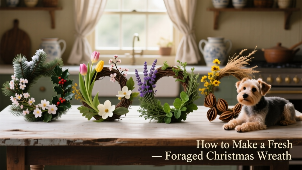 Side-by-side comparison of four seasonal wreaths made with foraged materials: winter evergreen, spring blossoms, summer herbs, and autumn seed pods