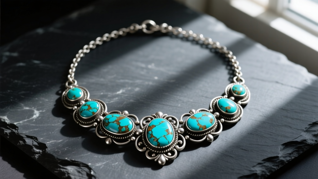 Overhead view of a heavily tarnished vintage sterling silver turquoise necklace resting on a dark slate surface before cleaning