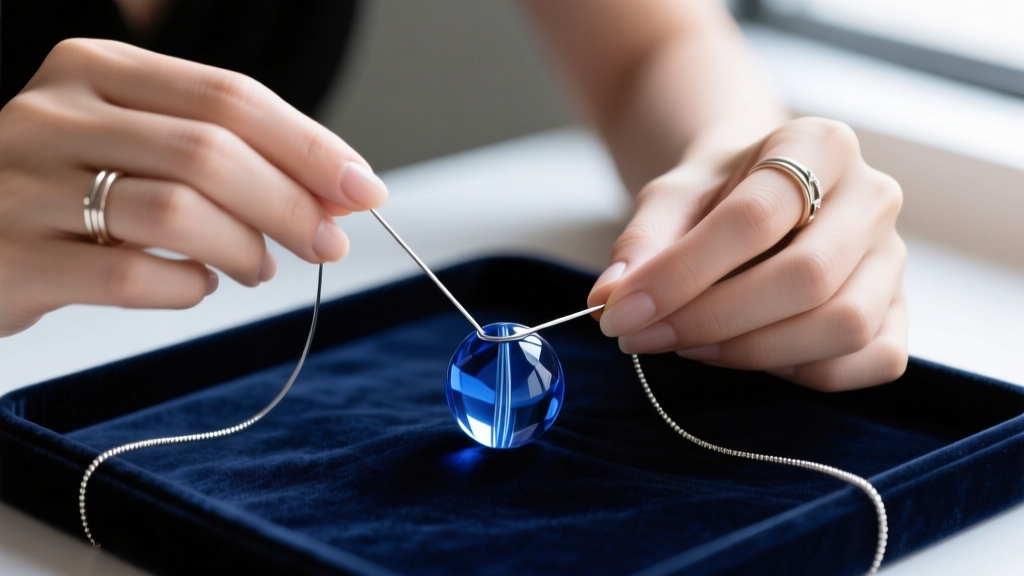 Close-up of hands threading a 0.018-inch steel beading wire through a translucent blue glass bead on a dark velvet jewelry mat.