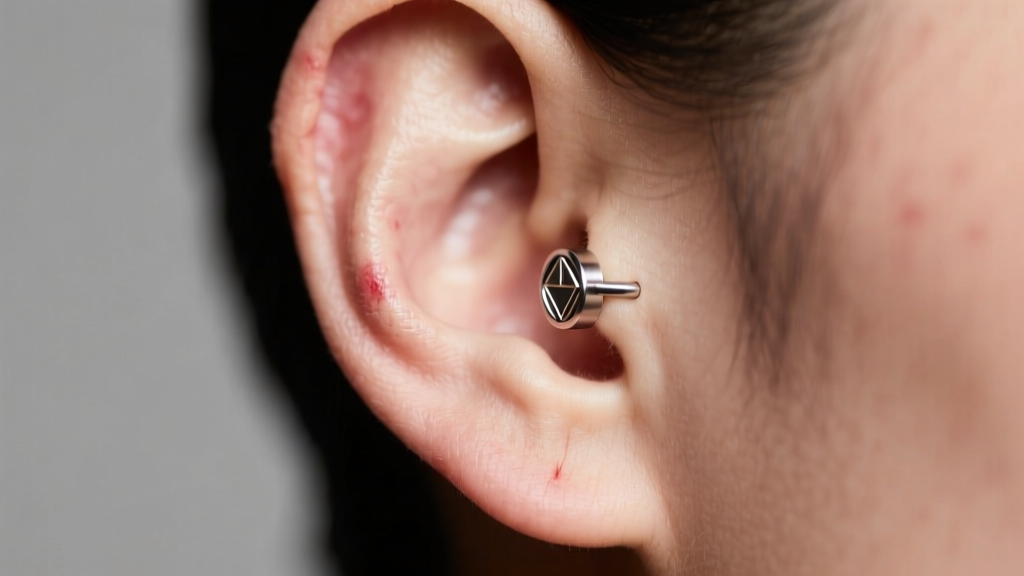 Close-up of an earlobe wearing a specialized medical-grade titanium pressure earring for keloid management, soft studio lighting
