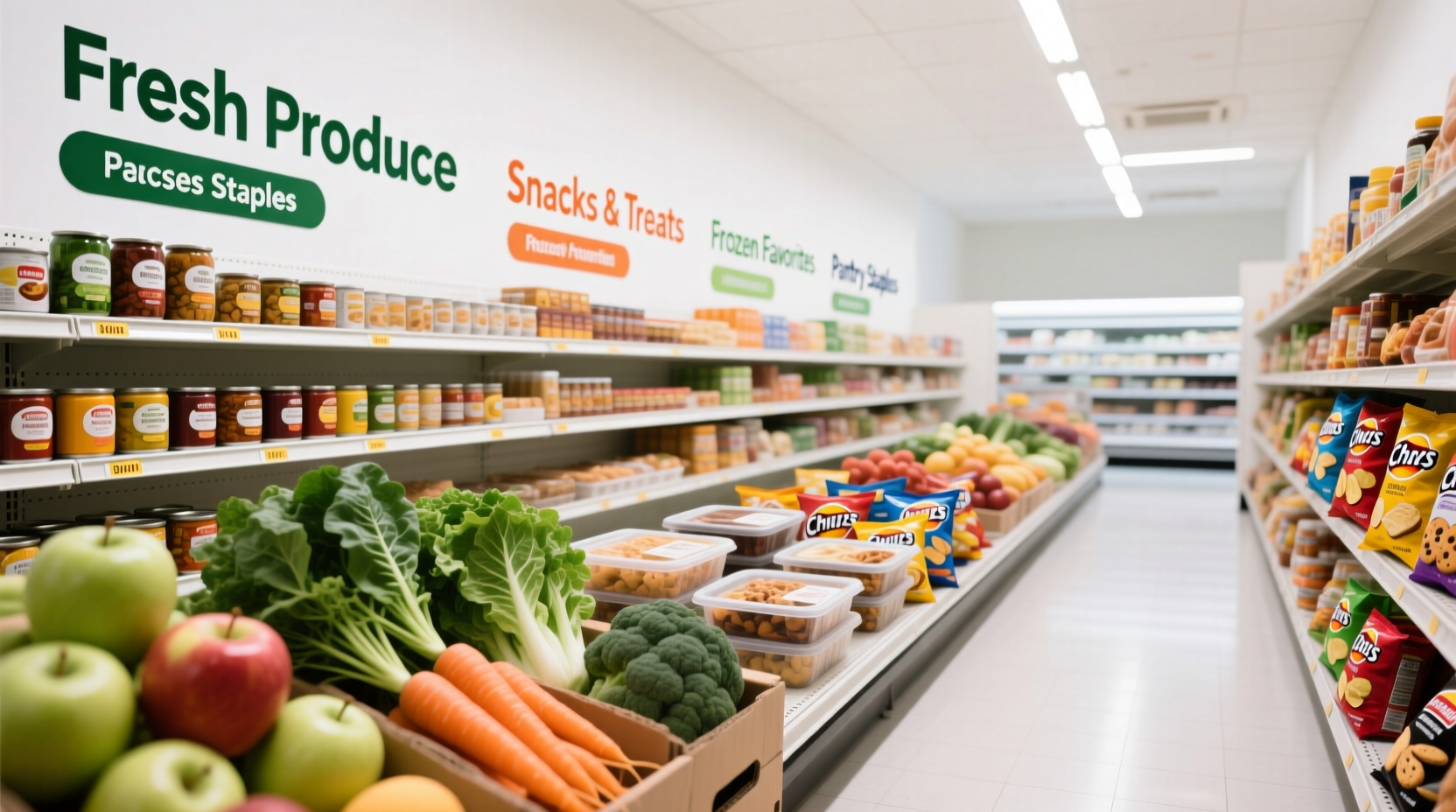 Colorful display of processed food categories from fresh produce to packaged snacks