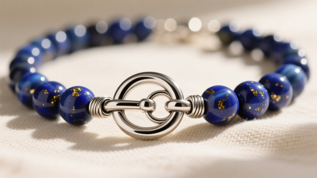 Detailed view of a heavy-duty sterling silver toggle clasp securing a thick lapis lazuli wire and bead necklace on a linen cloth.