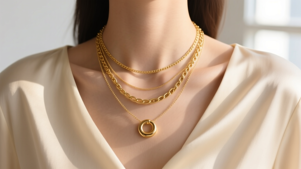 Close-up of a collarbone displaying three layered gold necklaces of varying thicknesses, softly lit against a cream silk blouse.