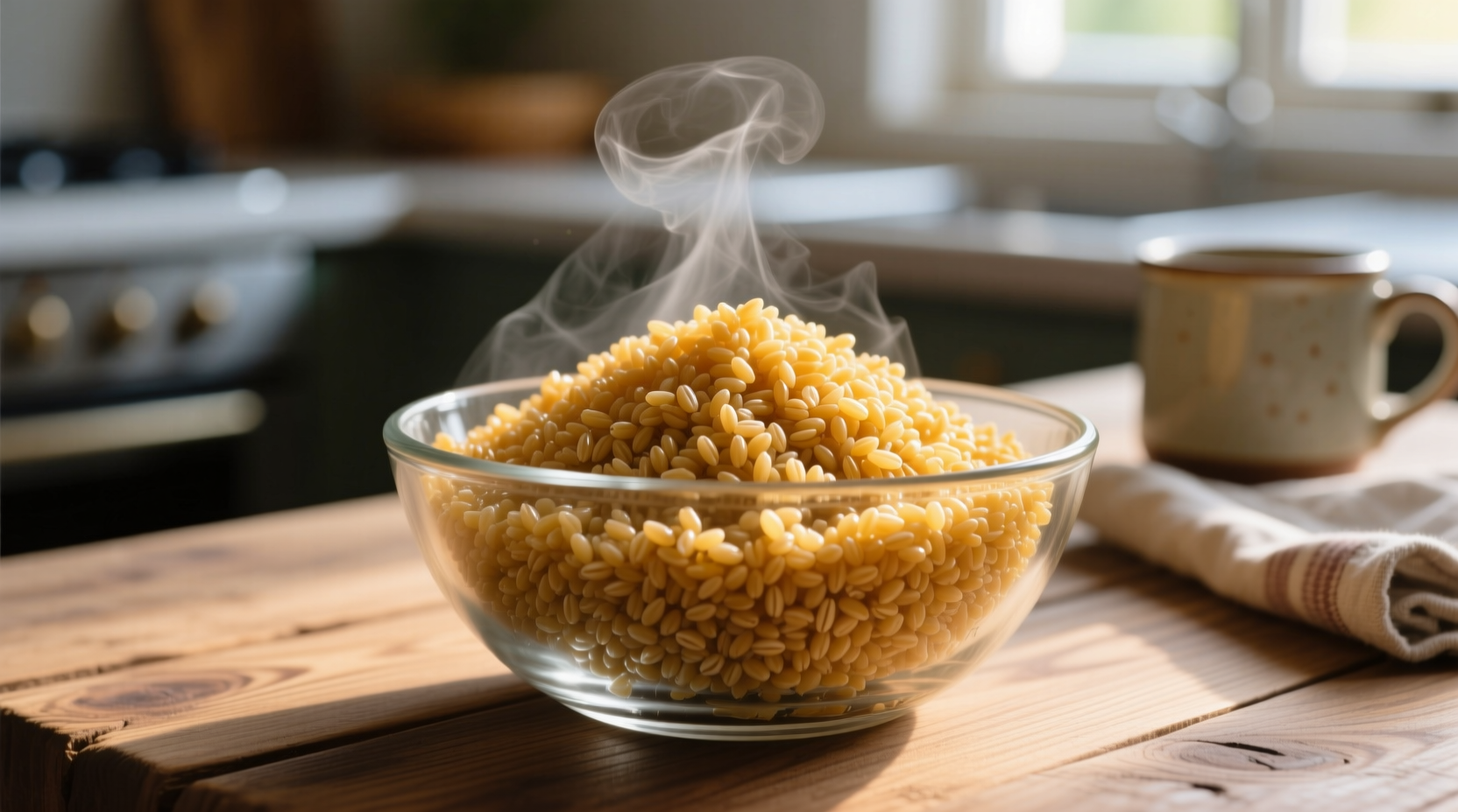Perfectly cooked golden bulgur wheat in a glass bowl