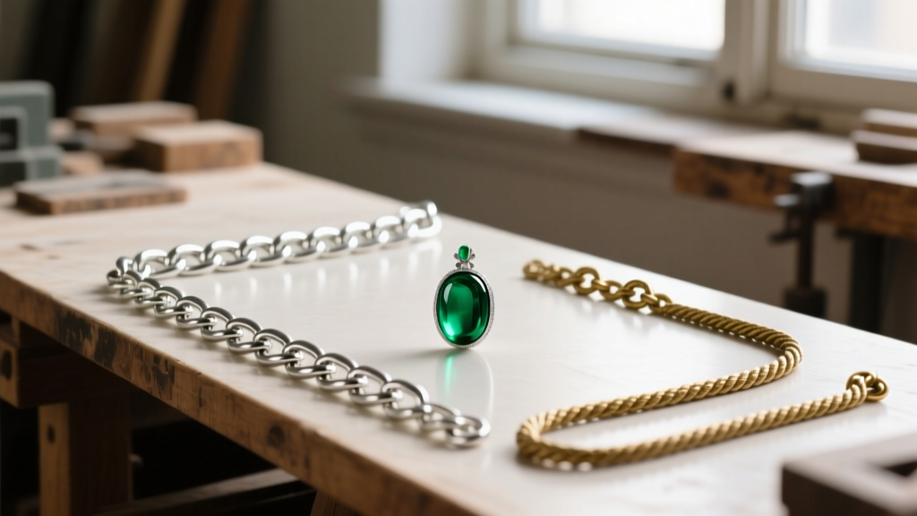 Heavy sterling silver curb chains and antique brass rope chains on a workbench next to a polished emerald amulet replica.