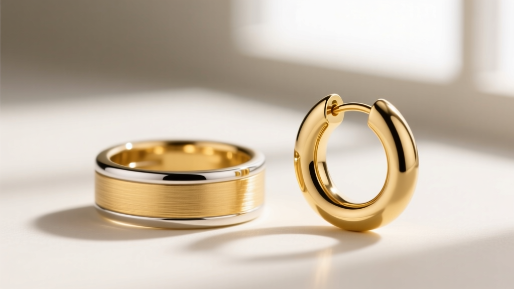 Macro shot of a gold vermeil ear cuff and solid 14k gold huggie side-by-side, showing the contrast in gold plating thickness.