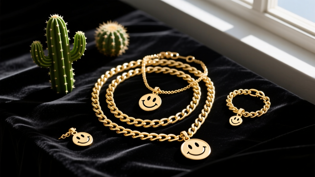 Flat lay of layered gold chains with cactus and smiley pendants on dark velvet, moody lighting, high detail streetwear aesthetic
