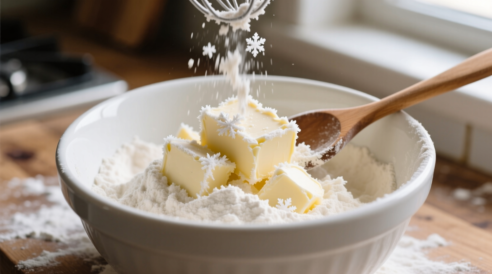 Grated frozen butter and all-purpose flour in mixing bowl