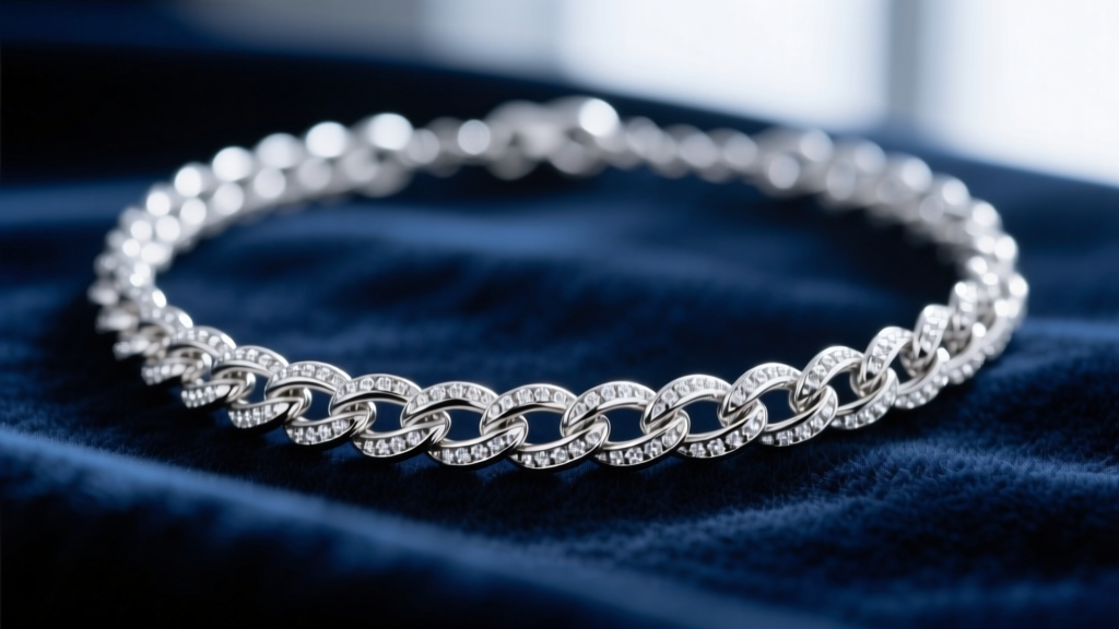 Macro photograph of a 2.5mm rhodium-plated sterling silver wheat chain necklace, displaying woven links on dark blue velvet