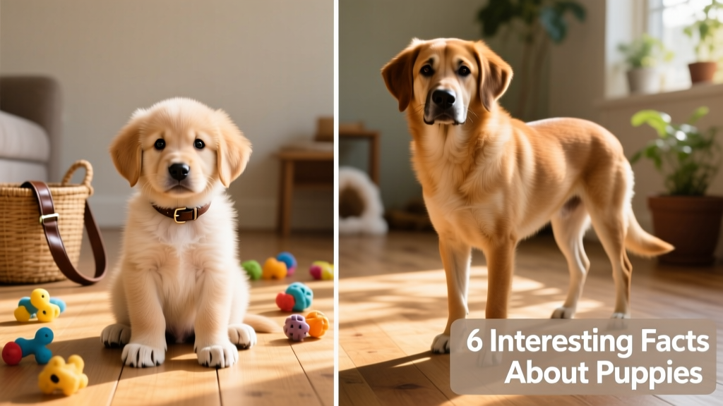 Side-by-side comparison showing a fluffy 8-week-old puppy and the same dog at 6 months with a denser, more mature coat