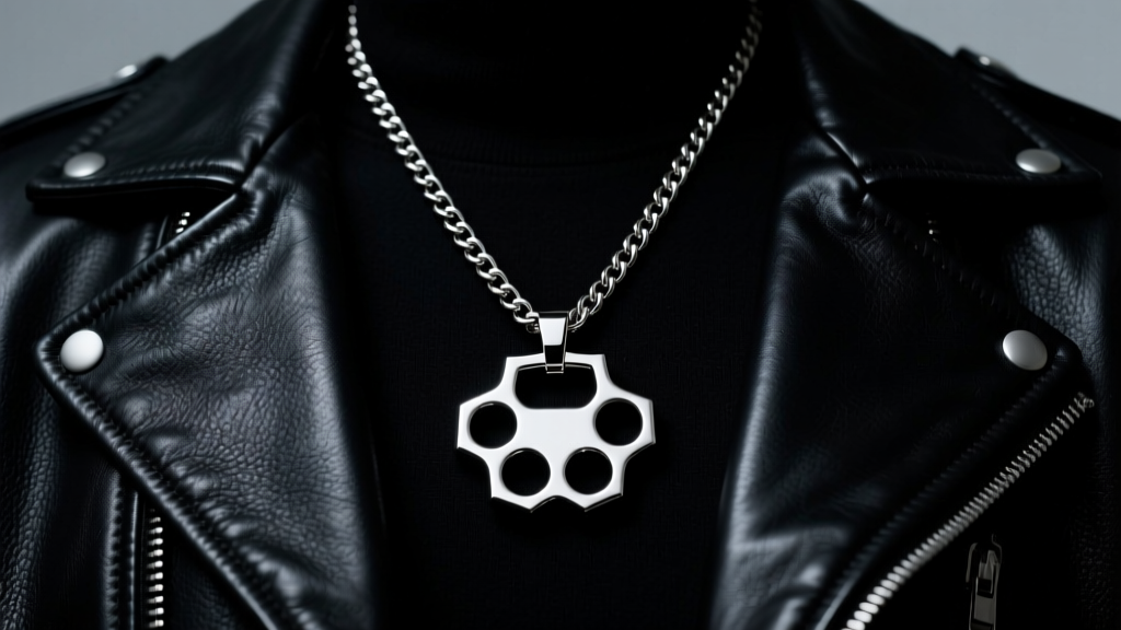 Heavy steel knuckle duster pendant on a 4mm Cuban chain resting against a dark leather jacket in moody studio lighting.