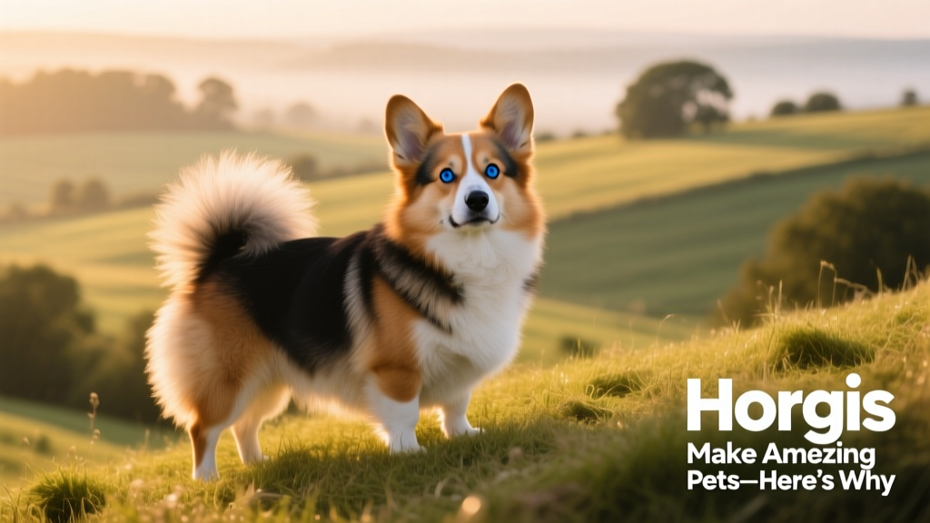 A striking Horgi mix with blue eyes and a fluffy tail, standing on a grassy hill