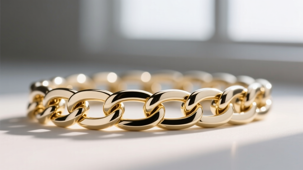 Extreme macro photography of a 14k white gold curb chain link structure, highlighting the interlocking flat-cut metal joints.