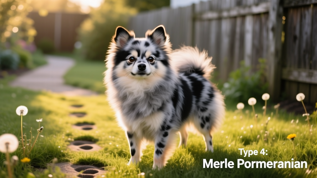 A merle Pomeranian with a striking gray-and-black marbled coat, standing alert in a grassy yard with bright eyes and perked ears