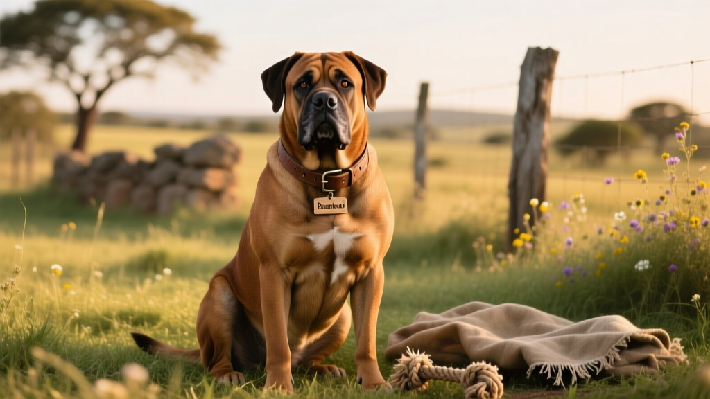 brown boerboel sitting in grass facing camera