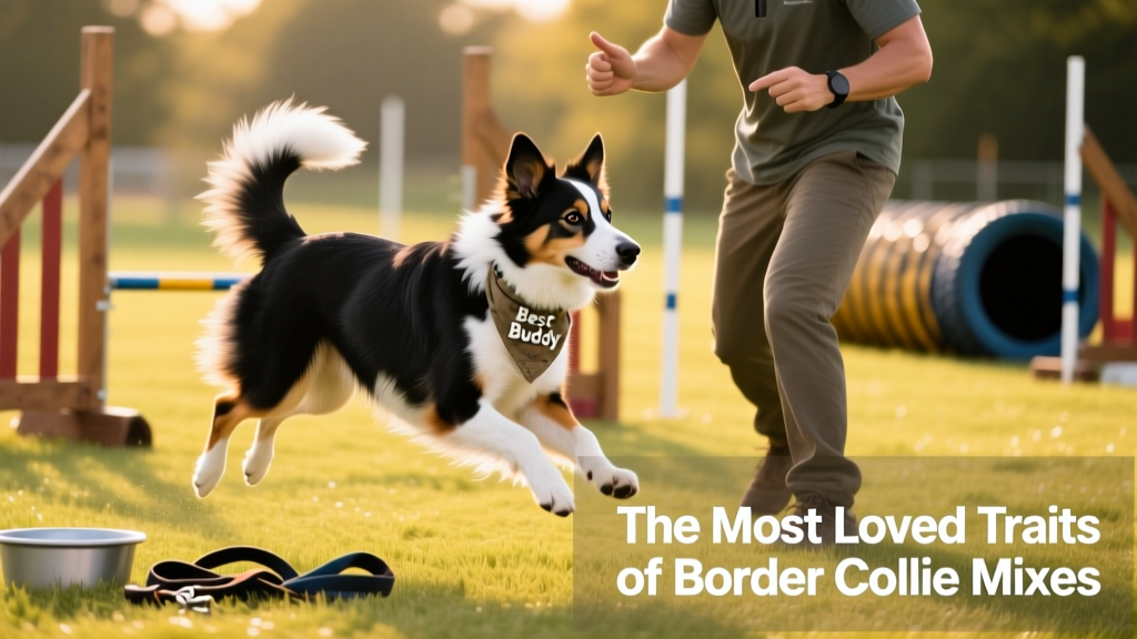 A Border Collie mix focused intently on a trainer during an agility course