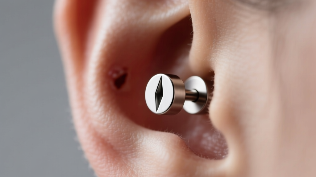 Close-up of a minimalist 16-gauge titanium threadless labret stud earring in a healed earlobe, soft studio lighting, macro lens.