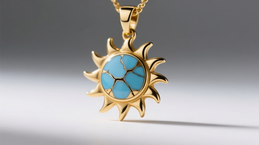 Close-up of gold vermeil sun pendant with chipped blue cold enamel on the face, illuminated by soft directional studio lighting.
