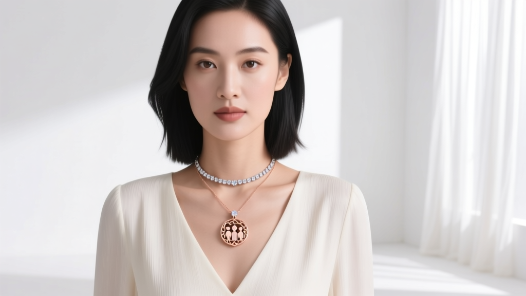 Woman wearing a rose gold Kiam family pendant layered with a diamond solitaire choker over a V-neck blouse in bright daylight.