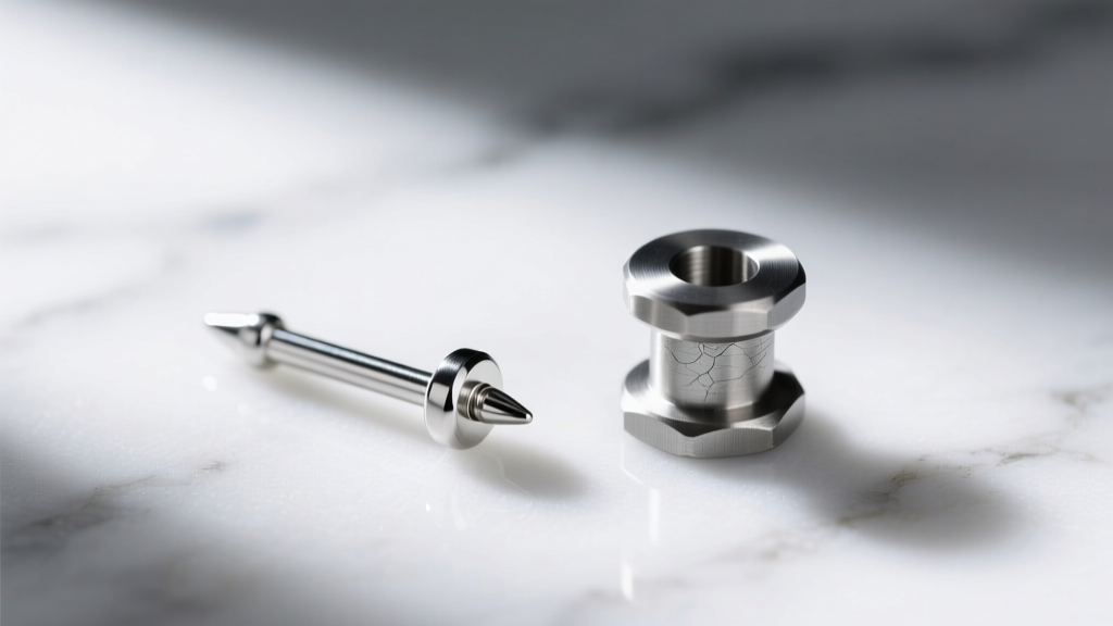 Macro photo comparing a thin 22-gauge silver earring post beside a thick 16-gauge titanium flat-back labret stud on white marble.