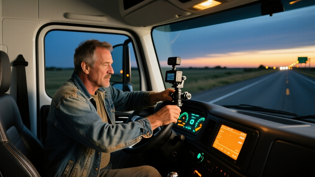 Over-the-road trucker adjusting a heavy-duty dash cam mount inside a modern semi-truck cab at dusk with glowing dashboard dials