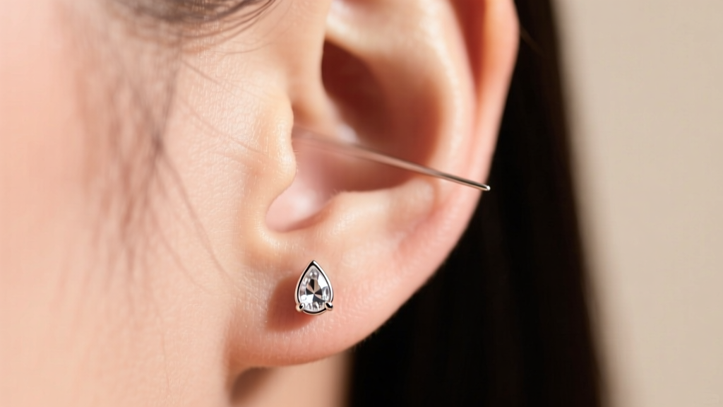 Close-up of an ear lobe wearing a 22-gauge tiny teardrop earring, showing the thin wire gauge against a soft, natural skin tone.