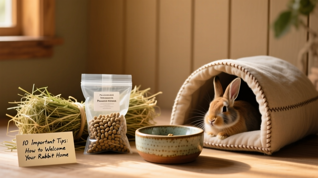 A neatly arranged starter kit for a rehomed rabbit: small bag of pellets, bundle of timothy hay, ceramic food bowl, and soft fabric hideout
