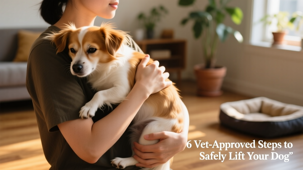 Close-up of hands supporting a calm, relaxed small dog held securely against a person's chest