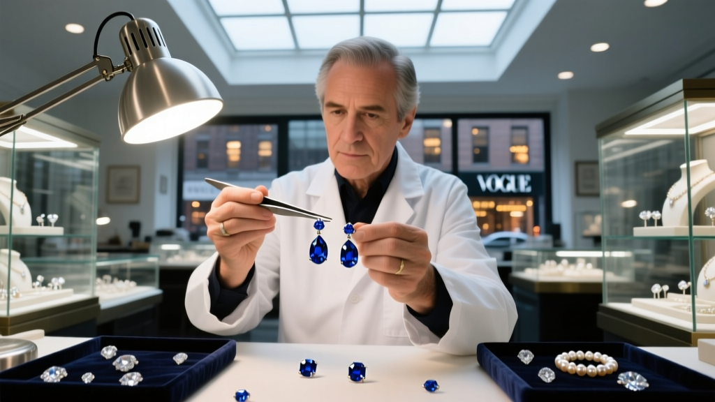 Gemologist holding sapphire drop earrings with tweezers under a daylight lamp in a busy New York jewelry district workshop.