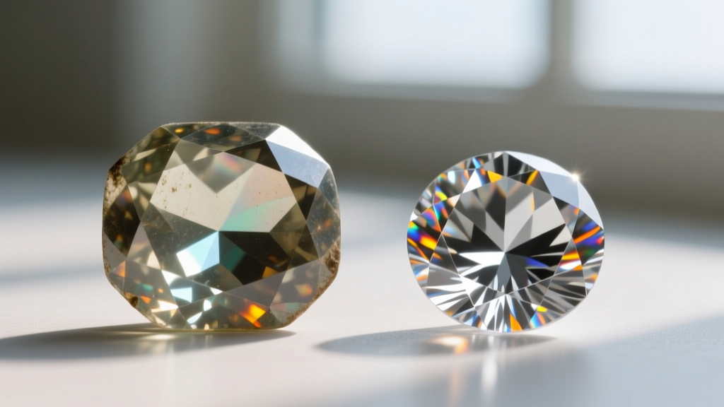 Side-by-side macro shot of antique lead glass paste and modern moissanite, highlighting differences in facet edge crispness.