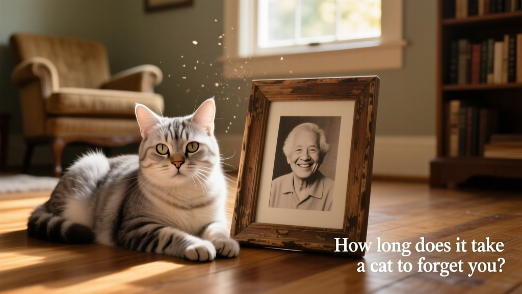 Senior cat resting peacefully beside a framed photo of their person, evoking enduring connection