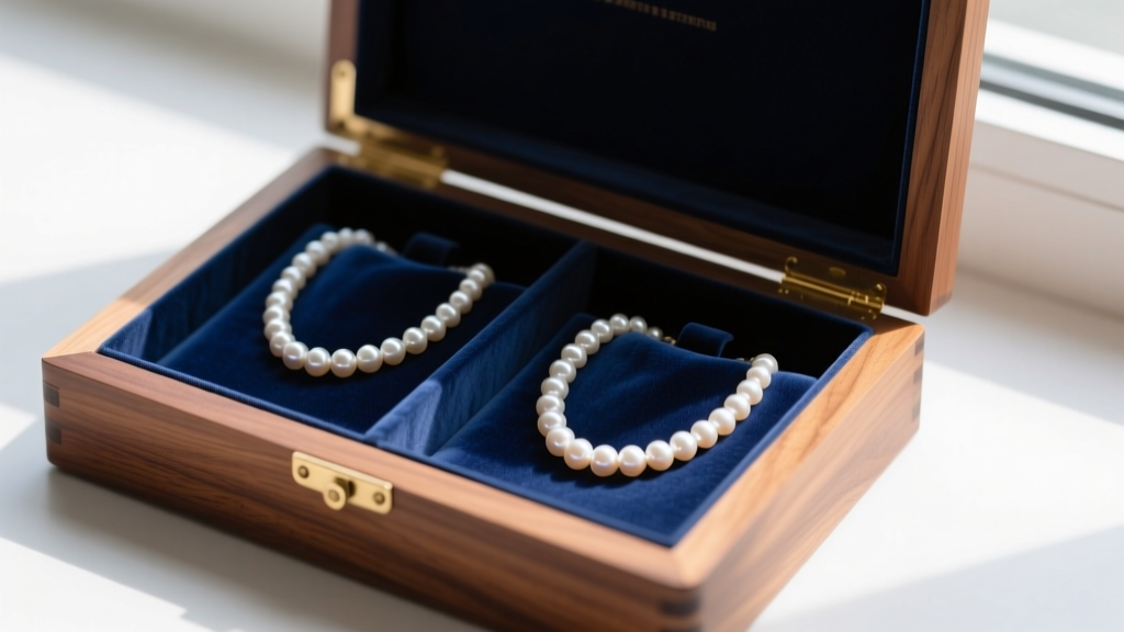 Open cedar jewelry box showing a two-strand pearl necklace laid flat in separate soft fabric compartments to prevent tangling.