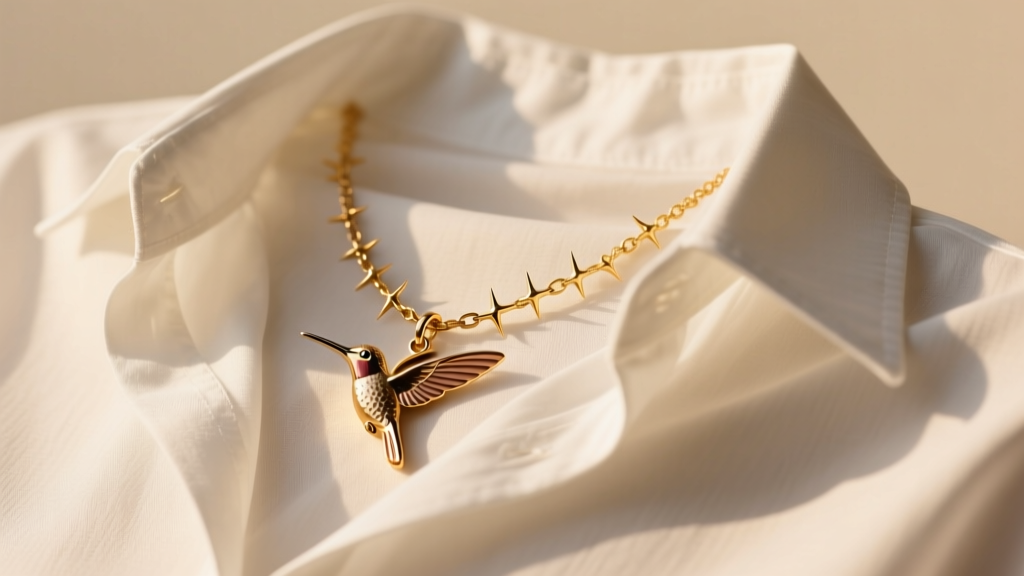 Gold thorn chain and hummingbird pendant layered over a white linen button-down shirt, illuminated by warm, soft golden hour light