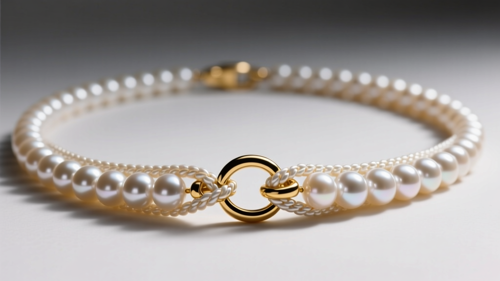 Macro shot of an opera-length knotted pearl necklace showing tension near the gold clasp, lit by warm directional light