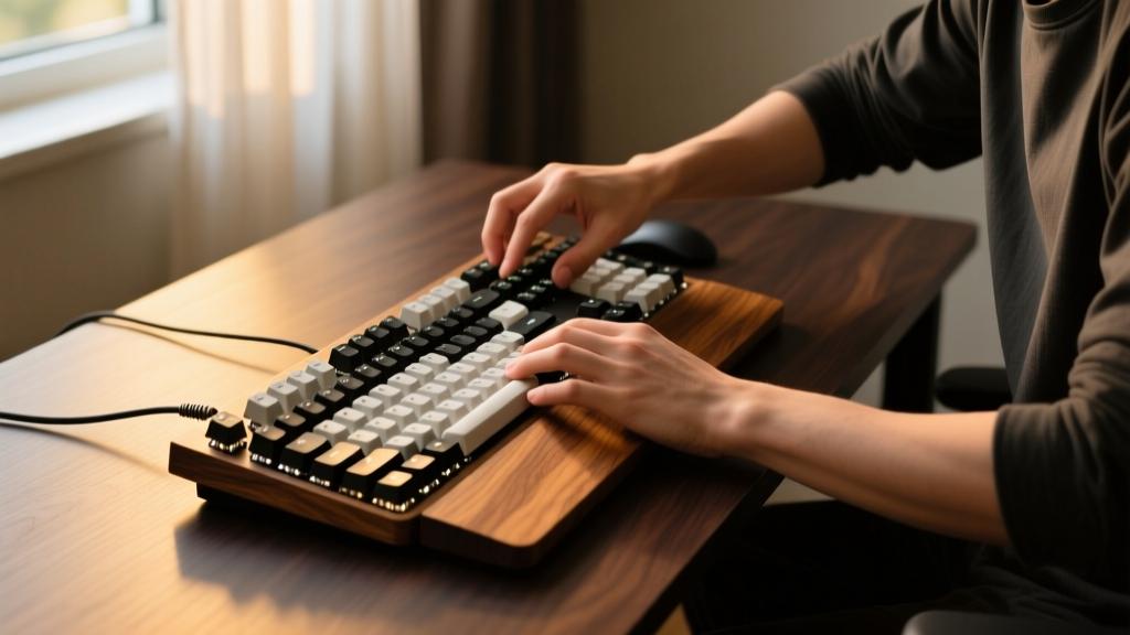 Gamer adjusting a split mechanical keyboard with wooden wrist rests on a dark walnut desk illuminated by warm bias lighting
