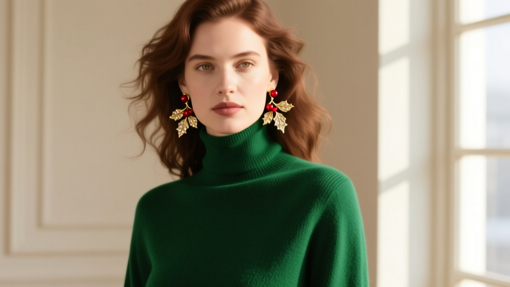 Woman wearing vintage gold-tone holly berry clip-on earrings paired with a modern emerald green cashmere turtleneck sweater
