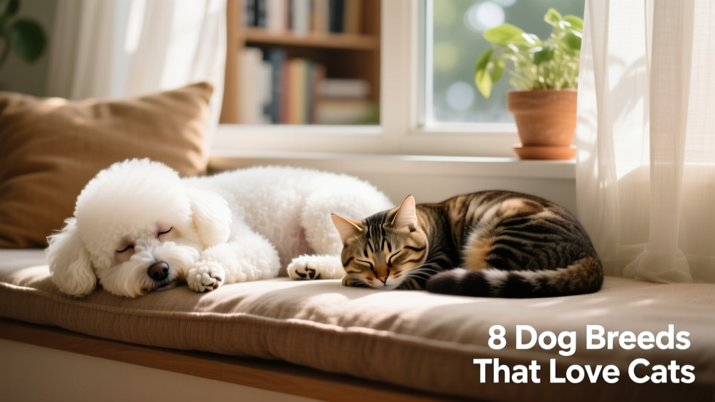 A fluffy white Bichon Frise and a tabby cat napping side by side on a window seat