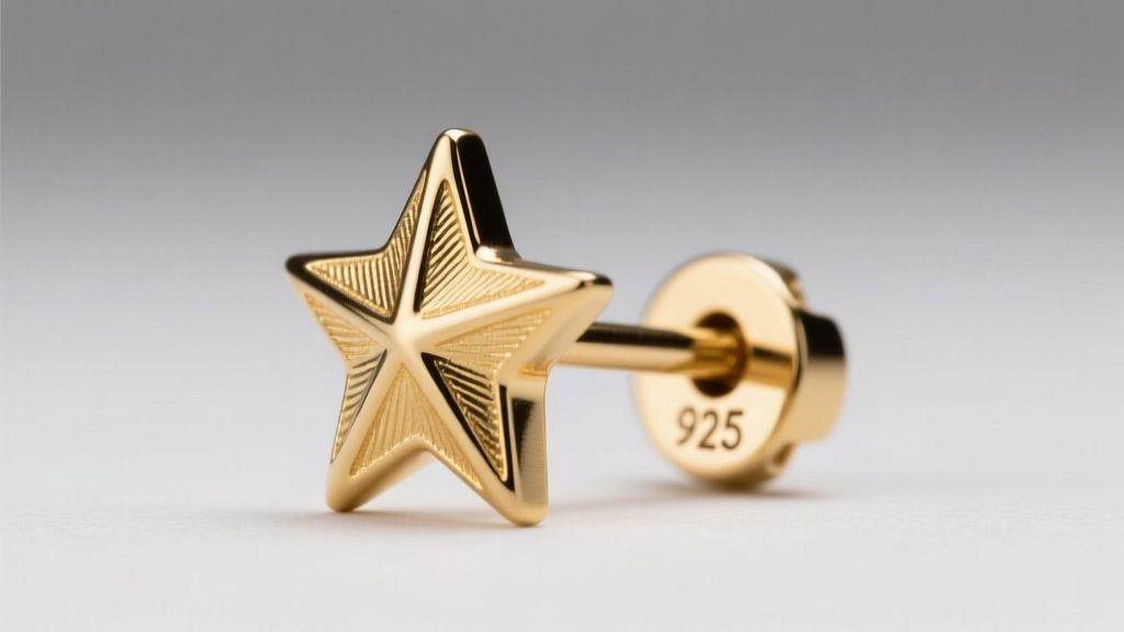 Macro photography of a gold vermeil star earring post showing the 925 sterling silver hallmark stamped near the friction backing.