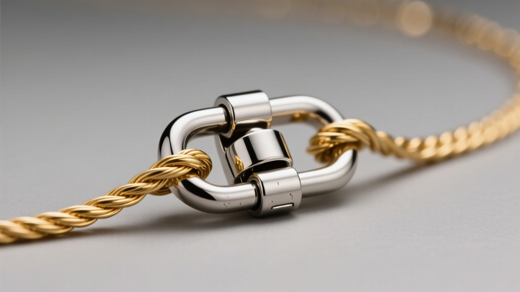 Extreme close-up of a stainless steel lobster clasp securely attached to a delicate gold PVD-coated cable chain fashion necklace