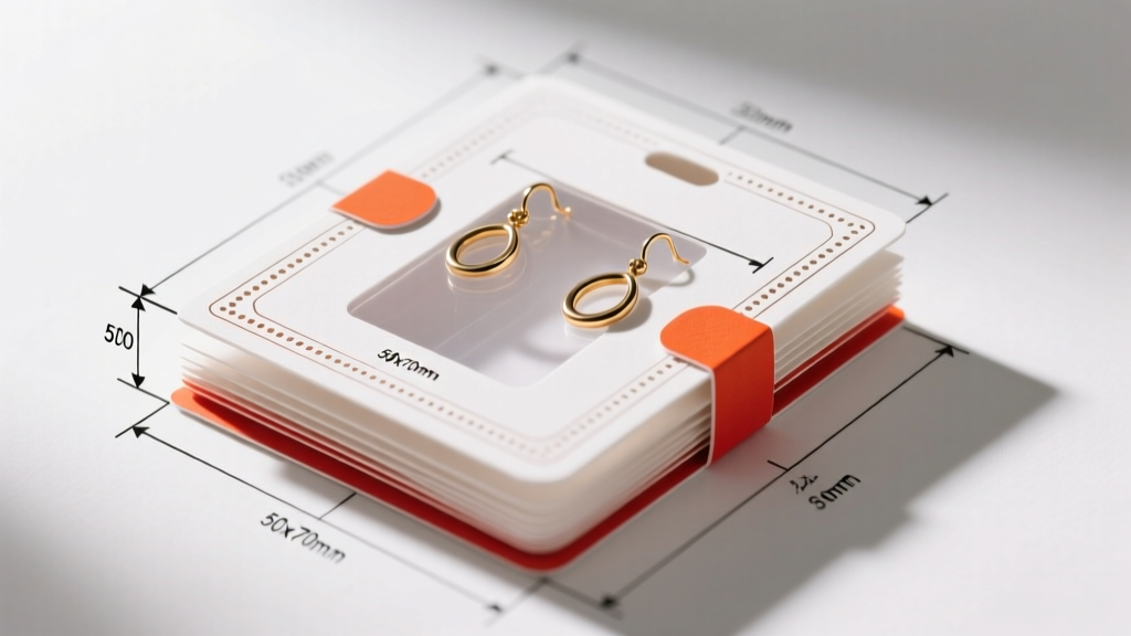 Technical blueprint showing exact millimeter measurements and die-cut slit placements for a 50x70mm luxury earring card